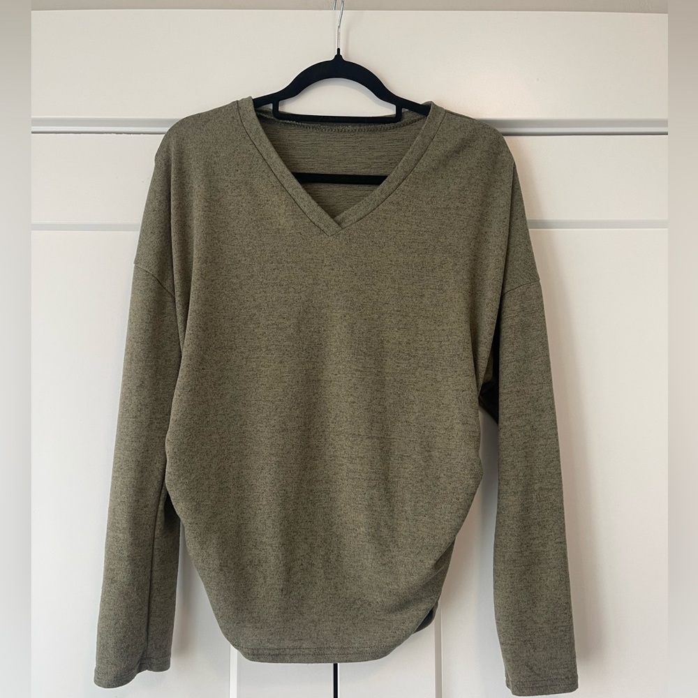 SHEIN Olive Green V Neck Ruched Side Long Sleeve Top Size L